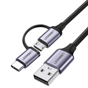 UGREEN 30875 1m 2 in 1 USB Cable 3A Fast Charging Cord USB2.0 to Micro USB + Type-C Data Cable Aluminum High-Speed Data Sync Transfer | Enroz Online